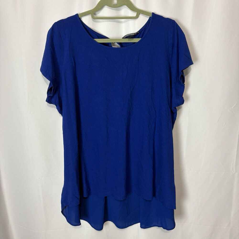 Lands' End Blue Short Sleeve Chiffon-Back Blouse Womens 2X 20W-22W Cobalt Blue